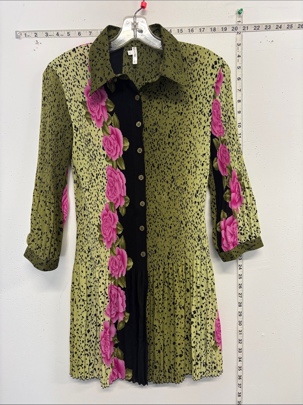 Long-Sleeve Olive Green Dress with Pink Rose Trim
